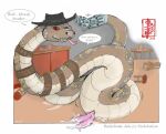 2_penises animal_genitalia animal_penis bandolier bar bar_stool clothing cowboy_hat dialogue fennec_(artist) feral furniture genital_slit genitals hat headgear headwear hemi hemipenes looking_at_viewer male multi_genitalia multi_penis penis pit_viper rango_(movie) rattlesnake rattlesnake_jake reptile scalie snake solo speech_bubble stool table text viper