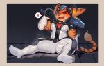 2026 4_fingers 4_toes abs absurd_res anthro armor belt biped black_belt black_clothing bodily_fluids bodysuit border brown_eyebrows brown_stripes bulge chest_tuft clothed clothed_anthro clothed_male clothing cydonia_xia detailed_bulge digital_media_(artwork) erection erection_under_clothing eyebrows fangs feet fingers fur gauntlets genital_outline glistening glistening_eyes gloves green_eyes handwear headgear heart_symbol helmet hi_res hindpaw holding_object lombax looking_at_viewer male male_anthro mammal markings multicolored_body multicolored_fur muscular muscular_anthro muscular_male muscular_thighs musk one_eye_closed open_mouth open_smile orange_body orange_fur orange_tail outside_border pawpads paws penis_outline ratchet_(ratchet_and_clank) ratchet_and_clank red_clothing sitting skinsuit smile solo sony_corporation sony_interactive_entertainment speech_bubble striped_arms striped_ears striped_markings striped_tail stripes sweat sweaty_body tail tail_markings tail_tuft tan_body tan_fur tan_tail_tuft teeth tight_clothing toes tongue tuft two_tone_body two_tone_fur white_border white_clothing wink winking_at_viewer