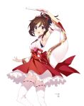  brown_hair commentary_request detached_sleeves domyoji_karin flower_ornament frilled_skirt frills hand_fan holding holding_fan idolmaster idolmaster_cinderella_girls japanese_clothes nontraditional_miko red_eyes ribbon-trimmed_sleeves ribbon-trimmed_thighhighs ribbon_trim sasaki_mutsumi short_hair skirt smile thighhighs white_thighhighs wide_sleeves 