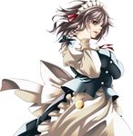  apron braid breasts hair_ribbon hair_tucking highres impossible_clothes izayoi_sakuya large_breasts maid maid_headdress open_mouth pocket_watch red_eyes ribbon short_hair silver_hair simple_background solo touhou waist_apron watch white_background yoiti 