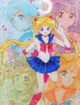  5girls :d absurdres aino_minako bishoujo_senshi_sailor_moon bishoujo_senshi_sailor_moon_(first_season) black_hair blonde_hair blue_choker blue_eyes blue_hair blue_sailor_collar blue_skirt boots bow bowtie brooch brown_hair choker circlet closed_mouth commentary crescent_moon double_bun fukatsuki_mizuki gloves green_choker green_eyes green_sailor_collar hair_bun hair_ornament hand_up highres hino_rei inner_senshi jewelry kino_makoto knee_boots leotard long_hair looking_at_viewer miniskirt mizuno_ami moon multiple_girls one_eye_closed open_mouth orange_choker orange_sailor_collar petals pleated_skirt purple_eyes red_boots red_bow red_bowtie red_choker red_petals red_sailor_collar rose_petals sailor_collar sailor_jupiter sailor_mars sailor_mercury sailor_moon sailor_senshi_uniform sailor_venus short_hair signature skirt smile sparkle standing standing_on_one_leg traditional_media tsukino_usagi twintails very_long_hair w watermark white_gloves white_leotard 