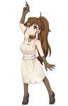  ahoge animal_ears apron arm_up bell bell_collar blush breasts brown_eyes brown_gloves brown_hair caryo cleavage collar dog_ears gloves jingle_bell large_breasts long_hair looking_up midori_boushi no_bra pantyhose pen ponytail see-through see-through_silhouette simple_background solo taneshima_popura white_background working!! 