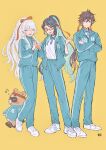  1boy 2girls ^_^ aqua_eyes aqua_hair aqua_jacket aqua_pants black_hair braid brown_hair closed_eyes collared_shirt commentary_request crossed_arms full_body genshin_impact guoba_(genshin_impact) hair_ribbon headband highres jacket long_hair multicolored_hair multiple_girls musical_note orange_hair pants red-framed_eyewear red_headband red_ribbon ribbon semi-rimless_eyewear shiro_chan46 shirt shirt_tucked_in shoes simple_background sneakers sportswear standing suit_jacket two-tone_hair under-rim_eyewear very_long_hair white_hair white_shirt white_shoes xianyun_(genshin_impact) yellow_eyes zhongli_(genshin_impact) zibai_(genshin_impact) 