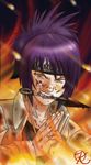  blood fire flames headband knife kynathel mitarashi_anko mouth_hold naruto purple_hair 