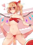  anklet bare_shoulders barefoot bell bikini blonde_hair blush bow bracelet breasts flandre_scarlet food fruit hair_bow jewelry kneehighs looking_at_viewer mokomaru navel no_hat no_headwear off_shoulder panties red_eyes ribbon shawl short_hair side-tie_panties side_ponytail small_breasts solo strap_slip swimsuit touhou underwear untied watermelon wings 