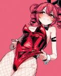  1girl absurdres animal_ear_hairband animal_ears armband bare_shoulders black_armband black_bow blush bow breasts commentary detached_collar double-parted_bangs drill_hair fake_animal_ears fishnet_pantyhose fishnets groin hair_between_eyes hairband highleg highleg_leotard highres kasane_teto leotard lifting_own_clothes looking_to_the_side oversized_breast_cup pantyhose peanut_mouth pink_background playboy_bunny rabbit_ears red_eyes red_hair red_leotard sidelocks small_breasts solo strapless strapless_leotard twin_drills untranslatable_commentary utau wing_collar wrist_cuffs yain 