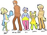  2boys adventure_time blonde_hair blue_hair blue_pants blue_shoes blue_sweater brother_and_sister brothers brown_pants brown_sweater character_name child crossed_arms dress frown green_pants grimace hair_bobbles hair_ornament hair_over_eyes humanization looking_at_viewer multicolored_sweater multiple_boys open_mouth orange_hair pants pants_under_dress pants_under_skirt parted_lips partial_humanization pink_pants pink_sweater plump ponytail pup_(adventure_time) rainicorn shoes short_hair siblings sisters skirt sleeves_past_fingers sleeves_past_wrists smile standing star_(symbol) starpyrate stinger sweater tall_male teeth thick_eyebrows turtleneck unicorn_boy unicorn_girl unicorn_horn vertical-striped_sweater very_short_hair walking white_shoes white_skirt yellow_dress yellow_pants yellow_sweater 