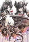  1girl alcohol animal_feet black_gloves black_hair black_leggings black_shirt bow bowtie bra brooch character_request check_character check_clothing check_copyright closed_mouth clothing_request collar commentary_request copyright_request crop_top cup dragon_ears dragon_girl dragon_horns dragon_tail dragon_wings drinking_glass eyeball_print fang fatalis from_side gloves head_spikes highres holding holding_cup horns jewelry leggings long_hair looking_at_viewer midriff monster_hunter_(series) multiple_views navel parted_lips pelvic_curtain personification red_bow red_bowtie red_bra shirt simple_background slit_pupils smile spiked_tail split_mouth tail umitsuki underwear white_background white_collar wine wine_glass wings yellow_eyes 