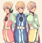  armor bad_id bad_pixiv_id blue_eyes cape flower flynn_scifo gloves hair_flower hair_ornament highres looking_at_viewer male_focus multiple_boys multiple_persona shiro_(reptil) standing tales_of_(series) tales_of_vesperia 