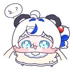  1girl absurdres ahoge animal_ears aokumo_rin blue_eyes blue_streaks blush_stickers bright_pupils chibi chibi_only colored_inner_hair commentary_request hair_intakes highres korean_text long_hair multicolored_hair open_mouth panda_ears panda_girl simple_background snot solo stellive streaked_hair translation_request virtual_youtuber white_background white_hair white_pupils yananang 