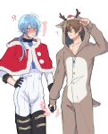  !? 2boys ? ahoge animal_costume animal_hood antlers arm_up black_gloves black_thighhighs blue_eyes blue_hair blush bodysuit brown_eyes brown_hair bulge capelet christmas closed_mouth collarbone cosplay cowboy_shot cropped_jacket crystal_necklace deer_tail edmond_(nu_carnival) eiden_(nu_carnival) fake_antlers fur-trimmed_capelet fur_trim furrowed_brow gloves hair_between_eyes half_gloves hand_on_own_hip highres holding_hands hood hooded_capelet horns jacket kigurumi long_hair long_sleeves looking_at_another low_ponytail male_focus multiple_boys nose_blush nu_417 nu_carnival peanut_mouth pectoral_cleavage pectorals ponytail red_capelet reindeer_antlers reindeer_costume reindeer_hood short_hair simple_background smile sweat tail thighhighs v-shaped_eyebrows white_background white_bodysuit white_jacket yaoi 