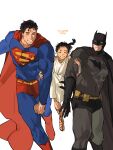  1girl 2boys absurdres aged_down bat_mask batman batman_(series) belt black_cape blue_bodysuit bodysuit cape chamsut0905 child commentary_request dc_comics diana_prince grey_bodysuit highres korean_commentary multiple_boys red_cape superhero_costume superman superman_(series) taut_bodysuit utility_belt wonder_woman_(series) 