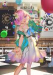  1girl anniversary bag balloon belt blush bracelet copyright_name copyright_notice creature dress fate/grand_order fate_(series) feet_out_of_frame flower fou_(fate) green_jacket hair_flower hair_ornament hair_over_one_eye hairband highres holding holding_bag indoors jacket jewelry looking_at_viewer mash_kyrielight official_art open_mouth promotional_art ribbon second-party_source smile solo_focus train_station vofan white_dress 