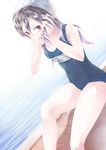  hair_down hat highres idolmaster idolmaster_cinderella_girls kanzaki_ranko long_hair minasato_hibiki one-piece_swimsuit red_eyes school_swimsuit solo swimsuit water 