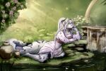 anthro blue_eyes clothed clothing felid female fur garden grey_body grey_fur lying mammal on_side pantherine pink_nose pond purple_spots snow_leopard solo spots tsunekitsune vase waterfall whiskers