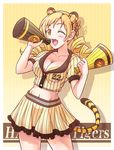  ;d animal_ears blonde_hair breasts cleavage drill_hair e20 hair_ornament hanshin_tigers holding mahou_shoujo_madoka_magica medium_breasts midriff navel nippon_professional_baseball one_eye_closed open_mouth skirt smile solo striped striped_background tail tiger_ears tiger_tail tomoe_mami twin_drills twintails vertical-striped_background vertical_stripes yellow_eyes 