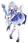  1girl @_@ absurdres ahoge aokumo_rin bandaid bandaid_on_knee bandaid_on_leg baseball_bat black_ribbon black_shoes blue_eyes blue_hair blue_sailor_collar blue_skirt blush chobi_(penguin_paradise) colored_eyelashes commentary_request crossed_bandaids detached_wings frilled_skirt frills full_body grey_hair hair_intakes hair_ornament hair_over_wings hair_ribbon hairclip heart heart_ahoge heart_hair_ornament highres holding holding_baseball_bat long_hair low_twintails metal_baseball_bat multicolored_hair open_mouth pleated_skirt puffy_short_sleeves puffy_sleeves ribbon sailor_collar shirt shoes short_sleeves simple_background skirt socks solo standing stellive streaked_hair sweat twintails very_long_hair virtual_youtuber wavy_mouth white_background white_shirt white_socks white_wings wings 