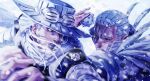  2boys alternate_color commentary cowboy_hat duel facial_hair goggles goggles_on_headwear grey_lips gyro_zeppeli hat high_collar highres holding holding_weapon jojo_no_kimyou_na_bouken long_hair male_focus multiple_boys mustache okazaki_johnny short_hair snowing steel_ball_(jojo) steel_ball_run very_short_hair weapon wekapipo white_hair white_hat 