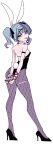  1girl :p absurdres animal_ears arms_behind_back backless_leotard black_leotard black_shoes blue_eyes blue_hair bound bound_wrists commentary cuffs fake_animal_ears fishnet_pantyhose fishnets full_body handcuffs hatsune_miku high_heels highres leotard looking_at_viewer pantyhose playboy_bunny rabbit_ears rabbit_hole_(vocaloid) sagarakuda shoes simple_background smile standing thigh_strap tongue tongue_out twintails vocaloid white_background 