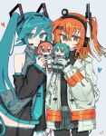  2girls a.i._voice adachi_rei blue_eyes blue_hair character_doll collared_shirt commentary cowboy_shot detached_sleeves doll gloves hair_ribbon hatsune_miku headphones heart highres holding holding_doll hood hood_down hooded_jacket jacket long_hair long_sleeves minazuki_(minaduki_0318) miniskirt multiple_girls nail_polish necktie one_side_up open_clothes open_jacket orange_eyes orange_hair pantyhose parted_lips pleated_skirt ribbon shirt skirt sleeveless sleeveless_shirt sleeves_past_wrists smile thighhighs twintails untranslatable_commentary utau very_long_hair vocaloid 