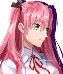  1girl absurdres aikawa_megumi aya_(0707) green_eyes hair_tie heaven_burns_red highres long_hair looking_to_the_side neck_ribbon pink_eyes red_ribbon ribbon shirt simple_background upper_body white_background white_shirt 