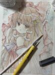  1girl art_tools_in_frame ascot bow brown_eyes brown_hair commentary_request detached_sleeves flower frilled_bow frilled_hair_tubes frills hair_bow hair_flower hair_ornament hair_tubes hakurei_reimu highres long_hair open_mouth photo_(medium) purple_ascot red_bow solo touhou traditional_media upper_body zenra1112 