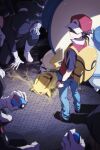  6+boys 88_(einnimnech) bag baseball_cap black_hat black_pants black_shirt blue_pants boots brown_hair commentary electricity gloves great_ball hat highres holding holding_poke_ball jacket kneeling male_focus multiple_boys pants pikachu poke_ball pokemon pokemon_(creature) pokemon_firered_and_leafgreen red_(pokemon) red_hat shirt shoes short_hair short_sleeves single_letter snorlax team_rocket team_rocket_uniform untranslatable_commentary vs_seeker white_boots white_gloves wristband yellow_bag 