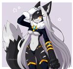 amber_eyes anthro black_body black_tail canid canine canis chain clothing dipstick_tail eyelashes female gatling_gun gloves gold_(metal) gold_chain gun gun_arm hair handwear hi_res jackal legwear lena_the_jackal long_eyelashes long_hair looking_at_viewer machine_gun mammal markings minigun multicolored_body neck_tuft pointy_ears ranged_weapon solo star tail tail_markings topwear tuft two_tone_body txmie watermark weapon white_body white_hair white_markings white_tail_tip