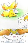 2026 ambiguous_anthro ambiguous_feral ambiguous_gender anthro biped blep braixen canid colored_pencil_(artwork) comic digitigrade duo eiroru emanata evolutionary_family fennekin feral front_view generation_6_pokemon graphite_(artwork) hi_res lying mammal mischievous_smile narrowed_eyes nintendo on_front open_:3 open_mouth open_smile pokemon pokemon_(species) quadruped rear_view sleeping smile snout sound_effects standing tongue tongue_out traditional_media_(artwork) vowelless vowelless_sound_effect zzz