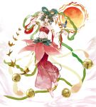  1girl :d \||/ absurdres animal anklet arm_up armlet baggy_pants bare_arms bare_shoulders barefoot bell belt bird blue_bird blush breasts brooch character_request chinese_commentary circlet commentary_request curtained_hair facial_mark flipped_sidelocks flower_skirt forehead_jewel forehead_mark full_body gem gold_anklet gold_armlet gold_belt gold_choker gold_circlet green_eyes green_gem green_hair green_skirt hair_between_eyes hair_rings hand_up highres jewelry knees_together_feet_apart legs_together looking_at_viewer medium_skirt open_mouth pale_skin pants personification plantar_flexion plants_vs._zombies plants_vs._zombies_2 plants_vs._zombies_2_(chinese) red_gem red_pants red_skirt red_tube_top rrtion short_hair sidelocks simple_background skirt small_breasts smile solo stomach strapless sun teeth toes tongue tube_top two-tone_skirt upper_teeth_only white_background 