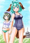  ahoge animal_ears blush breasts green_eyes green_hair green_panties hands_on_hips hat kasodani_kyouko kawachi_koorogi marker_(medium) medium_breasts multiple_girls murasa_minamitsu one-piece_swimsuit pagoda panties sailor_hat school_swimsuit see-through shirt smile swimsuit tail touhou traditional_media underwear 