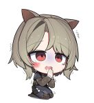 1girl absinthe_(arknights) abuse animal_ears arknights bear_ears bear_girl begging black_jacket black_pantyhose blue_skirt blush brown_hair bruise bruise_on_face chibi chibi_only commentary_request crying crying_with_eyes_open full_body hh highres injury jacket long_sleeves medium_hair open_mouth own_hands_together pantyhose parted_bangs praying red_eyes scared seiza simple_background sitting skirt solo tears trembling white_background 