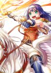  1girl armor belt black_thighhighs blue_boots blue_gloves boots breastplate breasts brown_belt fingerless_gloves fire fire_emblem fire_emblem:_radiant_dawn fire_emblem_heroes flaming_sword flaming_weapon gloves green_eyes hairband headband highres holding holding_reins holding_sword holding_weapon horseback_riding kuzumochi_soyo long_hair mia_(fire_emblem) mia_(zenith_challenger)_(fire_emblem) official_alternate_costume open_mouth orange_shirt pegasus purple_hair reins riding shirt short_sleeves shoulder_armor skirt smile sword teeth thigh_boots thighhighs upper_teeth_only weapon white_hairband white_headband white_shirt white_skirt wings wrist_guards 