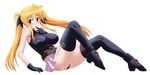  belt black_gloves black_legwear blonde_hair blush breasts covered_nipples fate_testarossa gloves hair_ribbon impossible_clothes impossible_shirt large_breasts legs long_hair long_legs lyrical_nanoha mahou_shoujo_lyrical_nanoha panties red_eyes ribbon shiny shiny_clothes shiny_skin shirt simple_background solo thighhighs thighs twintails underwear white_background zerosu_(take_out) 