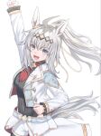  1girl ahoge animal_ears arm_up blue_eyes breasts brooch clenched_hands clothing_cutout commentary_request cropped_jacket diamond_brooch grey_hair grey_leotard grey_tail hair_between_eyes hair_ornament hair_ribbon highres hip_vent horse_ears horse_girl horse_tail jacket jewelry leotard long_hair long_sleeves medium_breasts neckerchief official_alternate_costume oguri_cap_(cinderella_gray)_(umamusume) oguri_cap_(umamusume) open_mouth overskirt ponytail red_neckerchief ribbon shorts simple_background smile solo star_brooch tail uji_(966qrr) umamusume umamusume:_cinderella_gray white_background white_jacket white_shorts 