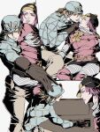  01doubled 1boy 1girl aqua_helmet argyle_clothes argyle_sweater blonde_hair couple diego_brando hat helmet highres hot_pants_(sbr) jodhpurs jojo_no_kimyou_na_bouken pants pink_hair steel_ball_run sweater 
