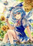  1girl absurdres ahoge blue_bow blue_dress blue_hair bow breasts cirno commentary_request detached_wings dress flower food hair_bow highres holding holding_food holding_popsicle ice ice_wings kazu_(pixiv_73870096) looking_at_viewer medium_hair neck_ribbon open_mouth pinafore_dress popsicle puffy_short_sleeves puffy_sleeves red_ribbon ribbon shirt short_sleeves sitting sleeveless sleeveless_dress small_breasts smile soaking_feet solo sunflower touhou traditional_media water watermark white_shirt wind_chime wings yellow_eyes yellow_flower 