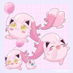  aqua_eyes balloon blush_stickers border closed_eyes english_commentary fangs happy highres jigglypuff no_humans open_mouth outside_border pink_background pokemon pokemon_(creature) pokemon_focus purinkururin purple_border scream_tail smile standing walking yellow_eyes 