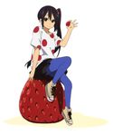  absurdres alternate_hairstyle artist_request blue_legwear food fruit full_body hair_bobbles hair_ornament highres k-on! listen!! nakano_azusa official_art oversized_object pantyhose polka_dot shoes side_ponytail simple_background solo strawberry white_background 