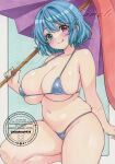  1girl :q alternate_breast_size_(larger) alternate_costume bikini blue_bikini blue_eyes blue_hair blue_nails blush breasts cleavage collarbone commentary_request heterochromia holding holding_umbrella huge_breasts karakasa_obake looking_at_viewer micro_bikini miyakooo0420 navel plump purple_umbrella red_eyes sample_watermark short_hair solo stomach swimsuit tatara_kogasa thick_thighs thighs tongue tongue_out touhou traditional_media umbrella watermark 