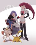  1girl 2boys ash_ketchum black_boots black_gloves black_shirt blue_eyes blue_jacket boots closed_mouth cropped_jacket earrings elbow_gloves gloves grey_pants hanabi_(yuruneko0624) highres holding holding_poke_ball jacket james_(pokemon) jessie_(pokemon) jewelry long_hair looking_at_viewer meowth multiple_boys pants pikachu poke_ball poke_ball_(basic) pokemon pokemon_(anime) pokemon_(creature) pokemon_the_series:_xy shirt short_sleeves skirt team_rocket team_rocket_uniform thigh_boots twitter_username white_jacket white_skirt 