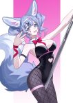  1girl absurdres animal_ear_fluff animal_ears bare_shoulders black_leotard blue_eyes border bow bowtie breasts cameltoe clothing_cutout commentary_request fingernails fishnet_pantyhose fishnets fox_ears fox_girl fox_tail grey_pantyhose hairband hatsune_miku heart_cutout highres leotard looking_at_viewer medium_breasts meng_xi_xuan nail_polish open_mouth pantyhose pillarboxed pink_background pink_nails pole rabbit_hole_(vocaloid) red_bow red_bowtie red_nails red_pupils revision smile solo stripper_pole tail thigh_strap vocaloid w white_border white_hairband 