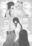  4girls \||/ alulue1 bow commentary_request english_text fujiwara_no_mokou greyscale hair_bow highres houraisan_kaguya long_hair meme monochrome multiple_girls open_mouth parody right-to-left_comic somehow_has_time-traveled_(meme) speech_bubble time_paradox time_travel touhou yuri 