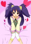  :o axew big_hair blush capri_pants creature fuurin_(fuurin4519) gen_5_pokemon hairband heart highres horn iris_(pokemon) leggings long_hair pants pink_eyes pokemon pokemon_(creature) pokemon_(game) pokemon_bw purple_hair red_eyes sitting two_side_up very_long_hair white_legwear 