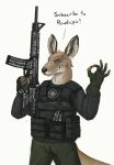 anthro black_sun brown_body brown_fur clothing combat_gear combat_vest fur gesture gloves gun hand_gesture handwear kangaroo looking_at_viewer macropod magazine male mammal marsupial ok_sign pouches ranged_weapon rifle smug solo symbol tail talking_to_viewer unknown_artist weapon