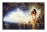  1girl artist_name bad_id border breasts brown_hair cave highres long_hair looking_down luis_royo medium_breasts navel nipples original signature solo stalactite strap_slip traditional_media wading water white_border 