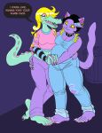 2018 4_toes absurd_res alligator alligatorid anthro anthro_on_anthro arm_around_partner barefoot belly big_breasts biped black_hair blonde_hair blush bottomwear bratty_(undertale) breasts catty_cattenheimer claws cleavage clothed clothing collar crocodilian crop_top dialogue digital_media_(artwork) domestic_cat duo ear_piercing ear_ring eye_contact eyelashes fangs feet felid feline felis female female/female foot_on_foot green_body hair hand_holding hi_res interlocked_fingers lipstick long_claws looking_at_another love_handles makeup mammal misstrashcat open_mouth open_smile overalls overweight overweight_anthro overweight_female pants pawpads piercing pink_lipstick pink_sclera plantigrade plantigrade_pawpads pupils purple_background purple_body reptile ring_piercing romantic romantic_couple scalie shirt simple_background slightly_chubby slightly_chubby_anthro slightly_chubby_female slit_pupils smile speech_bubble spiked_tail spikes spikes_(anatomy) standing tail talking_to_another talking_to_partner teeth toes topwear trash_can undertale undertale_(series) yellow_sclera