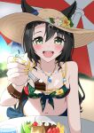  1girl :d absurdres abyss_kpn_(ki) animal_ears bare_shoulders bikini black_hair blue_bikini blue_sarong blurry blurry_background breasts cake cherry cleavage commentary_request ear_ribbon ears_through_headwear floral_print floral_print_bikini flower food fork fruit green_eyes hair_between_eyes hair_down hat hat_flower highres holding holding_fork horse_ears horse_girl jewelry long_hair looking_at_viewer navel necklace official_alternate_costume official_alternate_hairstyle parasol print_bikini pudding sarong satono_crown_(sunny_island_splendor)_(umamusume) satono_crown_(umamusume) smile solo straw_hat strawberry sun_hat swimsuit umamusume umbrella yellow_nails 