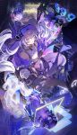  2girls absurdres bare_shoulders black_cloak black_gloves black_shorts breasts chibi chinese_commentary cloak commentary_request crossed_bangs drill_hair drill_ponytail eyewear_on_head fishnet_kneehighs fishnet_socks fishnets from_above gloves goggles goggles_on_head grey_eyes grey_hair hair_between_eyes headgear highres holding_hands honkai:_star_rail honkai_(series) jacket knee_pads long_hair looking_at_another looking_up mechanical_gloves multiple_girls navel open_clothes open_jacket ponytail purple-tinted_eyewear purple_hair shirt shorts silver_wolf_(honkai:_star_rail) silver_wolf_(lv.999)_(honkai:_star_rail) single_knee_pad sitting smile socks thigh_strap tinted_eyewear very_long_hair wangjidemoe871 