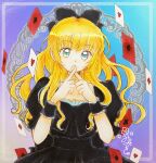  1girl ace_(playing_card) ace_of_clubs ace_of_diamonds ace_of_hearts ace_of_spades alice's_adventures_in_wonderland alice_(alice_in_wonderland) artist_name black_bow black_dress blonde_hair blue_eyes bow card club_(shape) commentary diamond_(shape) dress fukatsuki_mizuki hair_bow hands_up heart highres long_hair looking_at_viewer parted_lips playing_card puffy_short_sleeves puffy_sleeves short_sleeves solo spade_(shape) traditional_media upper_body x_fingers 